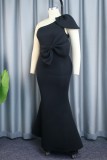 Black Sexy Formal Solid Patchwork With Bow Oblique Collar Evening Dress Dresses