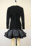 Black Party Formal Sequins Patchwork V Neck A Line Dresses