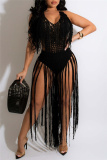 Black Sexy Solid Tassel Bandage Hollowed Out Backless Swimwears Cover Up