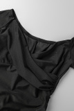 Burgundy Casual Solid Fold Off the Shoulder Short Sleeve Dress