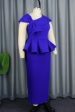 Blue Casual Solid Patchwork Oblique Collar One Step Skirt Dresses