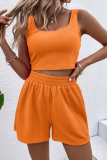 Tangerine Red Casual Daily Living Solid Solid Color U Neck Sleeveless Two Pieces
