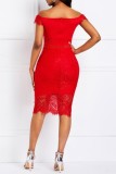 Red Casual Solid Patchwork V Neck One Step Skirt Dresses