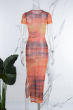 Orange Sexy Print See-through Slit O Neck Short Sleeve Dress