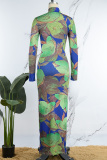 Green Casual Print Basic Half A Turtleneck Long Sleeve Dresses