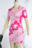 Pink Casual Print Basic V Neck Short Sleeve Dress