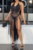 Black Sexy Solid Tassel Bandage Hollowed Out Backless Swimwears Cover Up