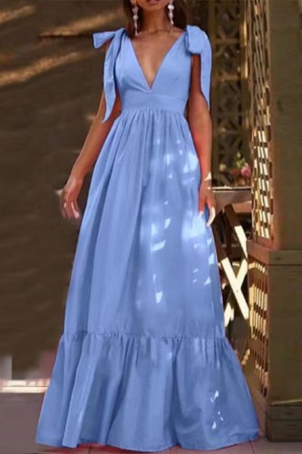 Sky Blue Casual Solid Bandage V Neck Long Dress Dresses
