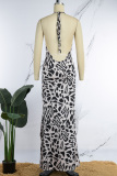 Leopard Print Sexy Print Bandage Backless Halter Long Dress Dresses