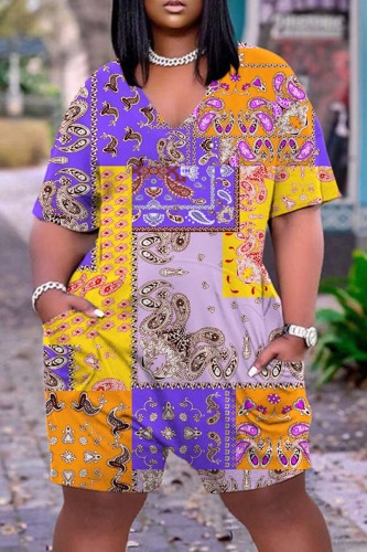 Purple Casual Print Patchwork Oblique Collar Regular Romper