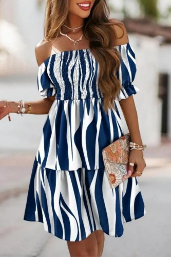 Dark Blue White Casual Print Patchwork Off the Shoulder Short Sleeve Dress Dresses