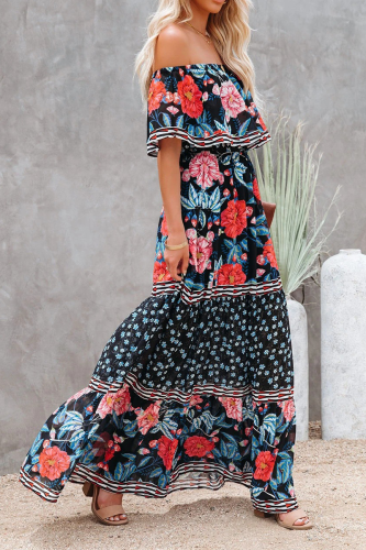 Black Red Fashion Street Print Patchwork Off the Shoulder A Line Dresses