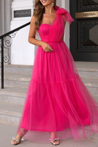 Rose Red Casual Solid Patchwork One Shoulder Princess Dresses