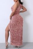 Pink Sexy Formal Patchwork Sequins Backless Slit Oblique Collar Evening Dress Dresses
