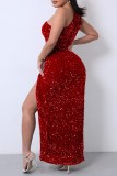 Red Sexy Formal Patchwork Sequins Backless Slit Oblique Collar Evening Dress Dresses