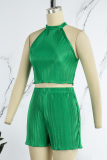 Green Casual Solid Patchwork Fold O Neck Sleeveless Two Pieces