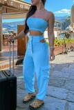 Sky Blue Casual Solid Hollowed Out Backless Strapless Sleeveless Two Pieces