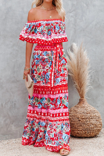 Red Fashion Street Print Patchwork Off the Shoulder A Line Dresses