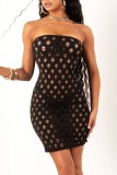 Black Sexy Solid Hollowed Out See-through Backless Strapless Sleeveless Dress Dresses