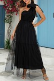 Black Casual Solid Patchwork One Shoulder Princess Dresses