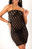 Black Sexy Solid Hollowed Out See-through Backless Strapless Sleeveless Dress Dresses
