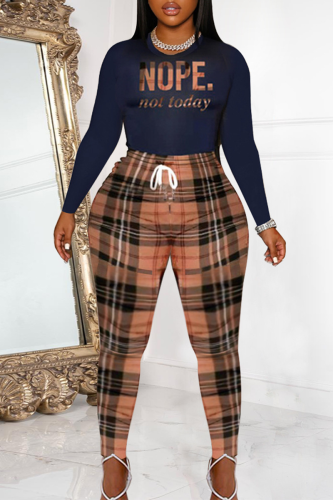 Khaki Casual Print Patchwork O Neck Long Sleeve Two Pieces