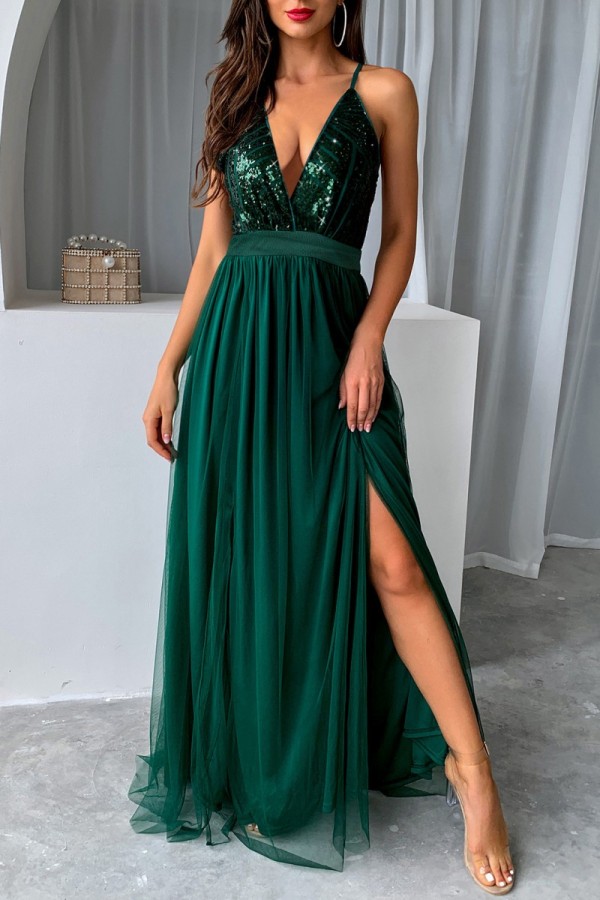 Ink Green Sexy Formal Patchwork Sequins Backless Slit Spaghetti Strap Evening Dress Dresses