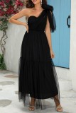 Black Casual Solid Patchwork One Shoulder Princess Dresses