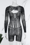 Black Sexy Solid Hollowed Out See-through O Neck Skinny Rompers