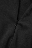 Black Elegant Solid Pocket Buttons Slit Turndown Collar Short Sleeve Two Pieces