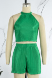 Green Casual Solid Patchwork Fold O Neck Sleeveless Two Pieces