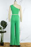 Green Casual Solid Backless Oblique Collar Sleeveless Two Pieces