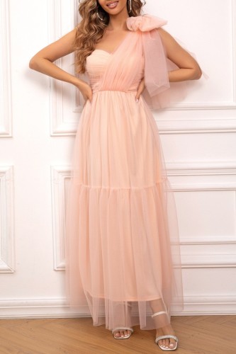 Light Orange Casual Solid Patchwork One Shoulder Princess Dresses