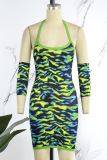 Green Sexy Print Backless U Neck Sling Dress (With Sleeves)