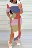 Multicolor Casual Print Slit O Neck Short Sleeve Dress