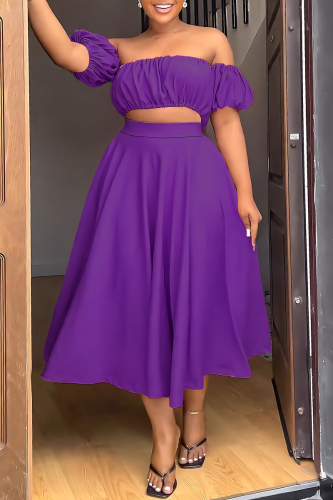 Purple Casual Solid Backless Off the Shoulder Short Sleeve Two Pieces