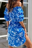 Blue Casual Print Patchwork Off the Shoulder Short Sleeve Dress (Subject To The Actual Object)
