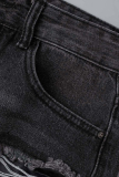 Black Casual Street Solid Tassel Ripped Buckle Low Waist Straight Denim Shorts