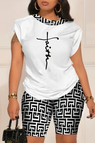 Black Casual Print Patchwork O Neck Short Sleeve Two Pieces