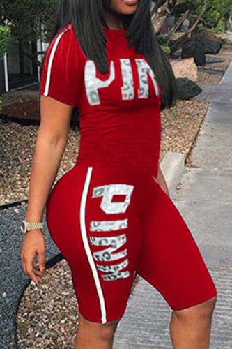 Red Casual Sportswear Letter Print Basic O Neck Short Sleeve Two Pieces