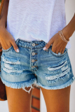 Baby Blue Casual Street Solid Tassel Ripped Buckle Low Waist Straight Denim Shorts