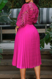 Pink Casual Solid Hollowed Out With Belt O Neck Pleated Dresses