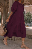 Burgundy Fashion Vintage Solid Patchwork O Neck Princess Dresses