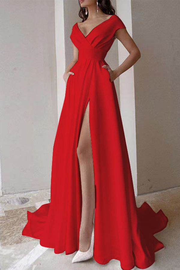 Red Celebrities Elegant Solid Asymmetrical Solid Color V Neck Evening Dress Dresses