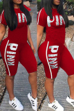 Red Casual Sportswear Letter Print Basic O Neck Short Sleeve Two Pieces