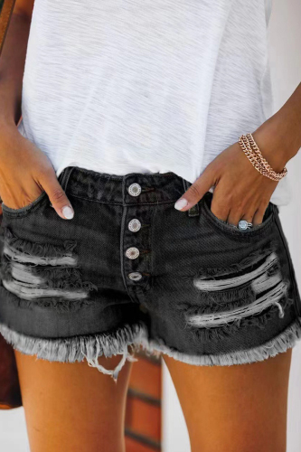 Black Casual Street Solid Tassel Ripped Buckle Low Waist Straight Denim Shorts