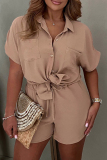 Khaki Casual Simplicity Solid Pocket Turndown Collar Short Sleeve Two Pieces