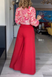 Red Elegant Floral Bandage Turndown Collar Long Sleeve Two Pieces
