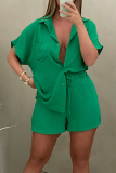 Green Casual Simplicity Solid Pocket Turndown Collar Short Sleeve Two Pieces