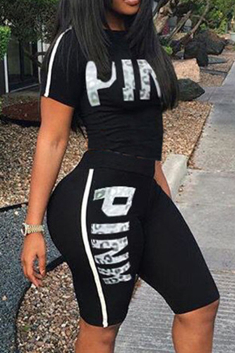 Black Casual Sportswear Letter Print Basic O Neck Short Sleeve Two Pieces